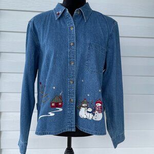 NWT CHRISTOPHER & BANKS Denim SNOWMAN Shirt XL